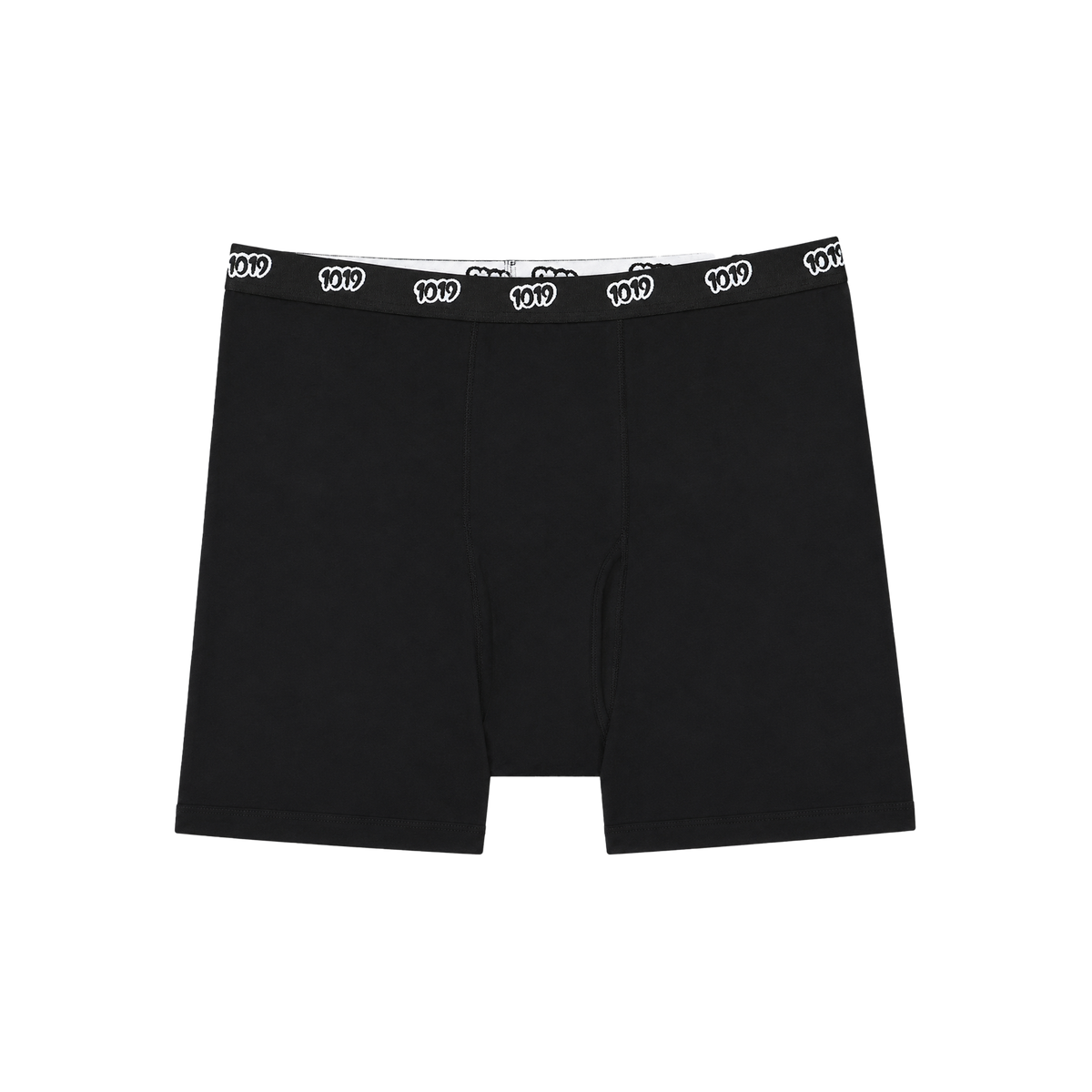 1019 Boxershorts in Schwarz mit eingewebtem 1019-Jacquard-Bund, Vorderansicht