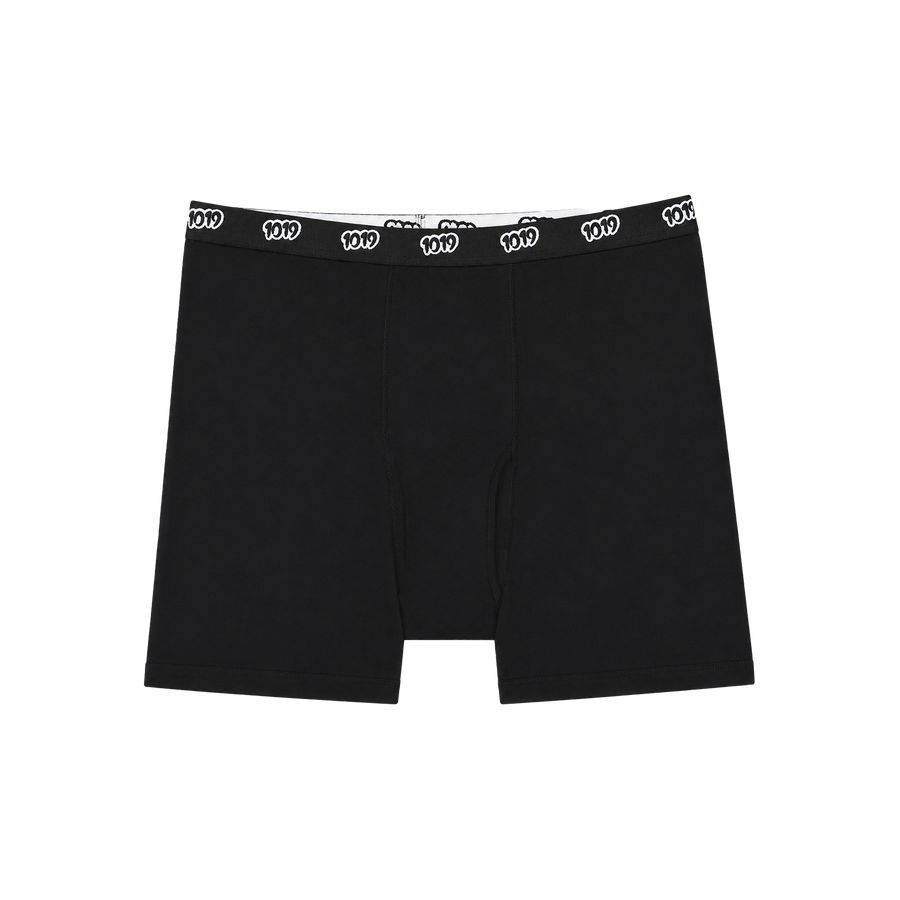 1019 Boxershorts in Schwarz mit eingewebtem 1019-Jacquard-Bund, Vorderansicht
